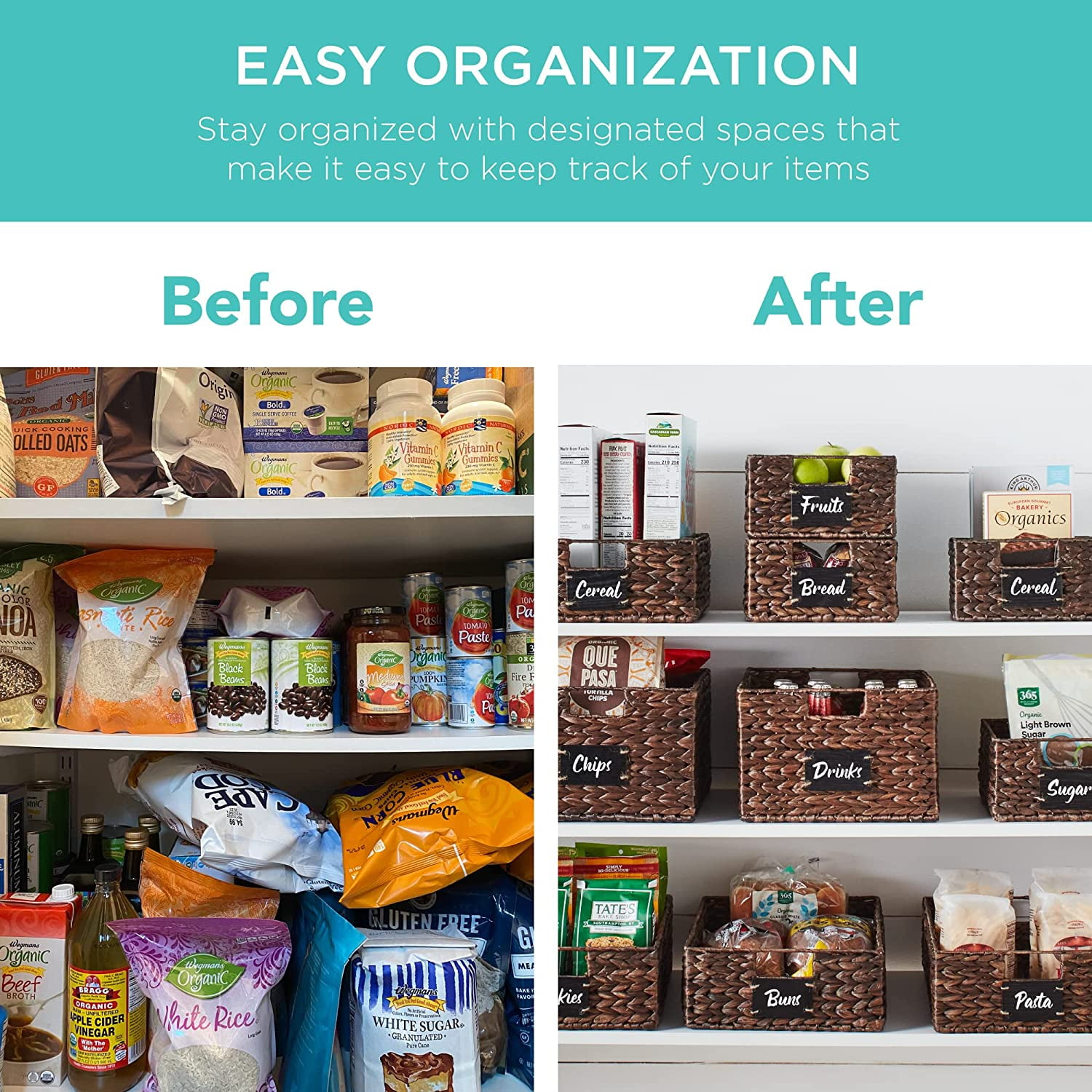 JFTER Pantry Baskets Set of 2 16x12in Water Hyacinth Storage Baskets, Woven Wicker Kitchen Organizers with handles w/Chalkboard Label Chalk Marker - Brown