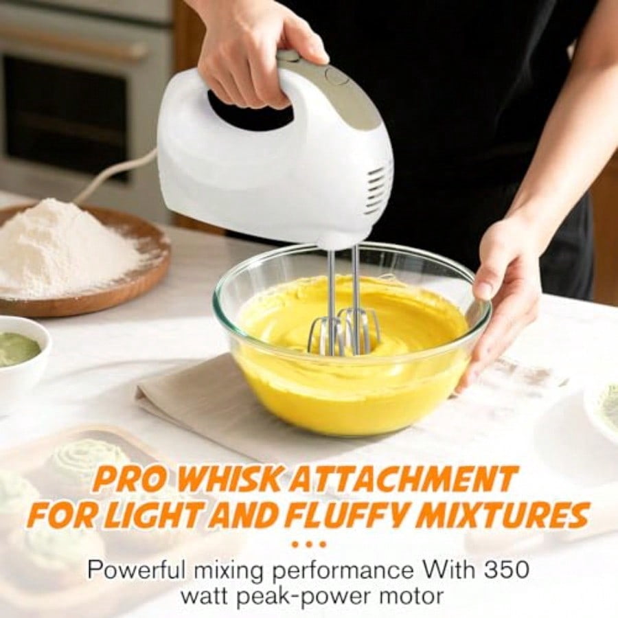 Hand Mixer - 5 Speed Portable Kitchen Mixer Electric Handheld with 5 Stainless Steel Accessories Whisk Food Beater Ivory