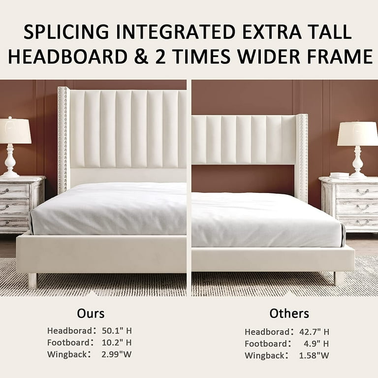 PaPaJet King Platform Bed Frame Tufted Upholstered Bed with Raised Wingback Headboard Low Profile Velvet Bed No Box Spring Required Wood Slat