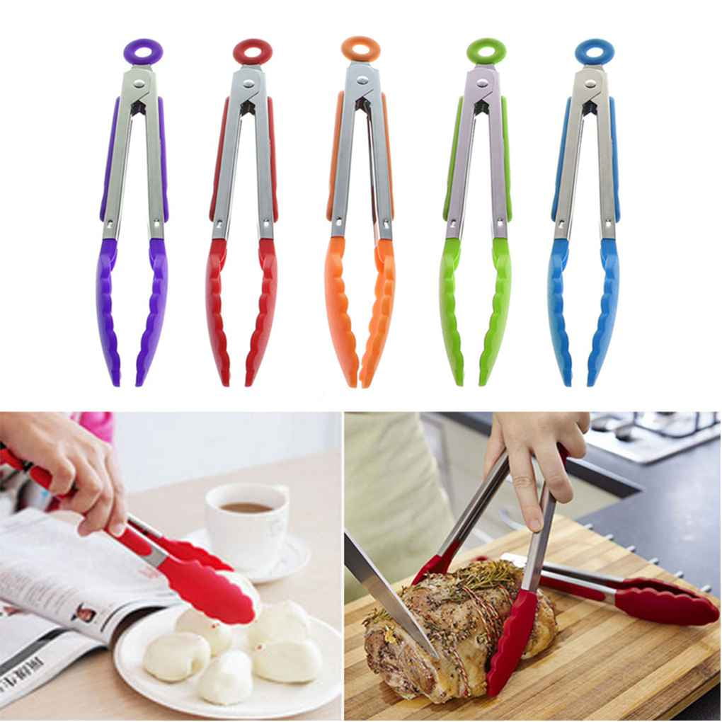 Silicone Cooking Kitchen Tongs Food BBQ Salad Bacon I0R6 Tools SteakBread C  I2L8