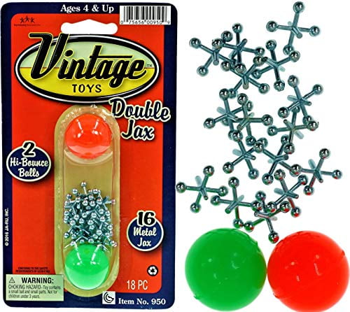 Funny Classic Jacks Games Party Toy Include 12 Gold & Silver Metal Jacks and 2 Red Rubber Bouncy Balls TriMagic Jacks Game with Balls for Kids and Adult 