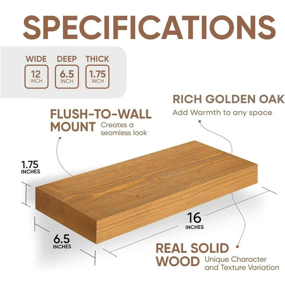 YANGLI Set of 2 Golden Oak Solid Wood Floating Shelves - 16 Inch High End Wall Shelf with Heavy Duty Bracket