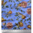 thumbnail image 1 of Soimoi Blue Silk Fabric Leaves,Sparrow & Dahlia Floral Printed Fabric 1 Yard 42 Inch Wide, 1 of 1