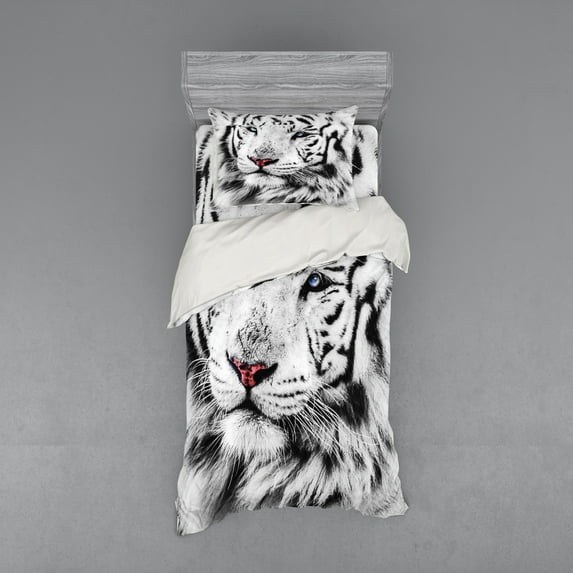 Safari Duvet Cover Set, White Tiger Wintertime Rare Animal Portrait Eyes Calm Noble Beast Photography, Bedding Set with Shams and Fitted Sheet, 3 Sizes, by Ambesonne