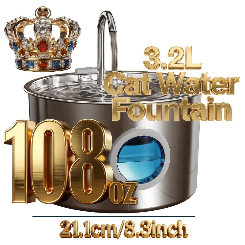 3.2L/108oz  Water Fountain Stainless Steel, Automatic Pet Water Dispenser, Ultra Quiet pump, Visible Water Level, Filtered Drinking Fountain for Cats