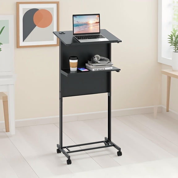 Barara King 3-Position Height Adjustable Lectern Table with Tilted Tabletop-Black