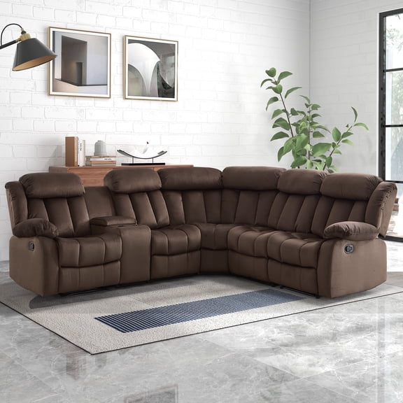 Bonzy Home Modern Fabric Manual Reclining Sofa with Center Console, Hidden Storage, 2 Cup Holders and Foam Padding for Living Room