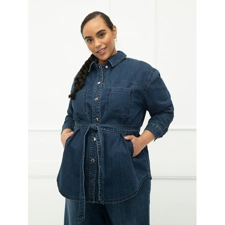ELOQUII Elements Women's Plus Size Belted Denim Shirt Jacket