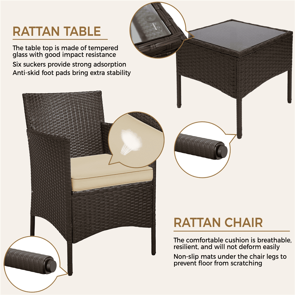 Renwick 3-Piece Rattan Furniture Set with 1 Side Table and 2 Chairs, Brown/Khaki