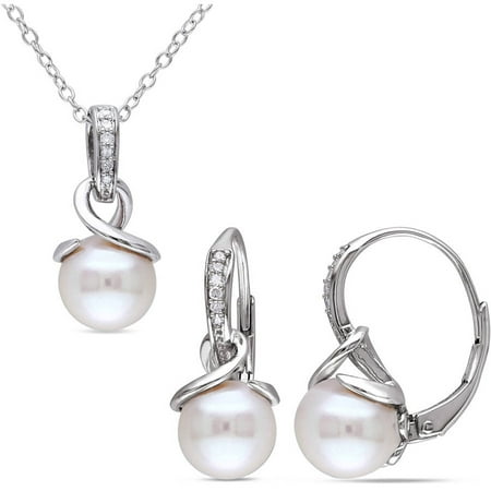 Miabella 8-8.5mm White Cultured Freshwater Pearl and Diamond-Accent Sterling Silver Leverback Earrings and Pendant Set, 18