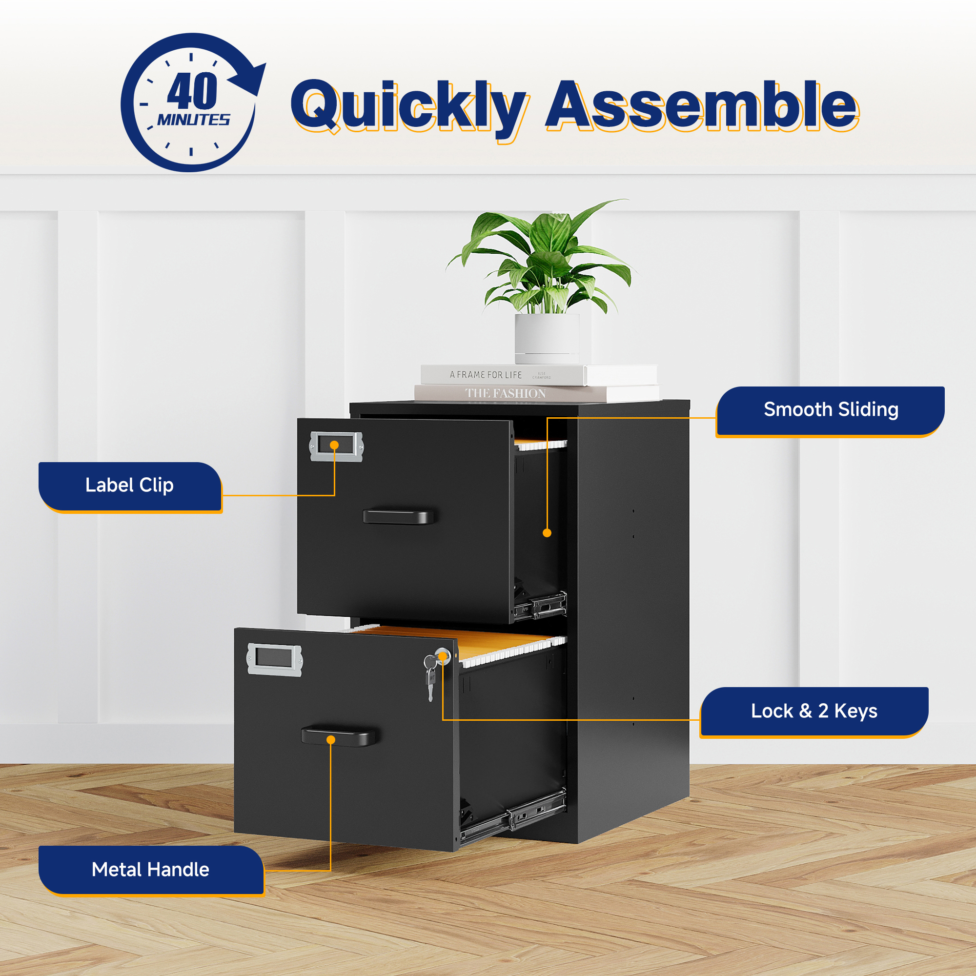AUHUP Metal File Cabinet with 2 Drawers, Steel Filing Cabinets with Lock for Home Office Legal/Letter/A4 File, Black, Assembly Required