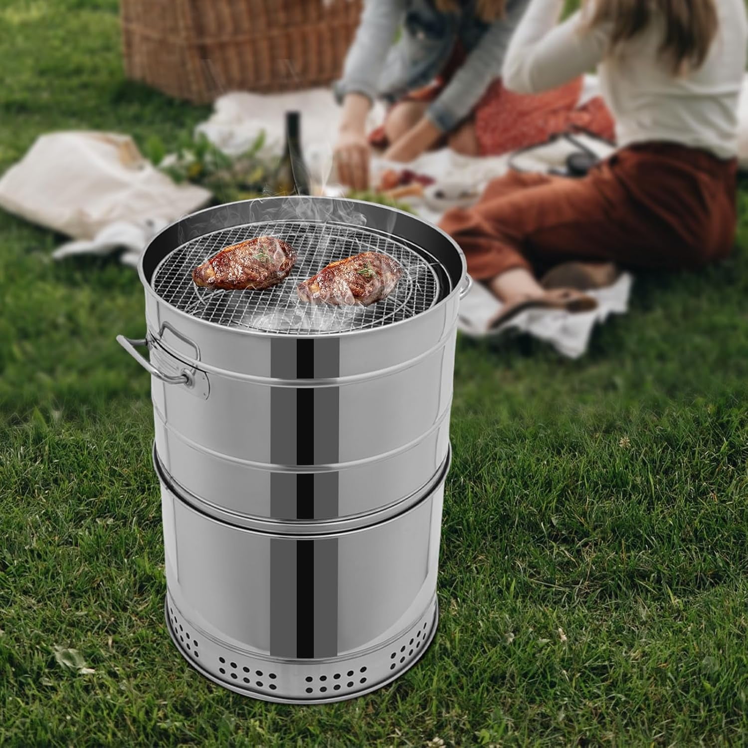 Large Portable Charcoal Grill, Stainless Charcoal BBQ Grill Barrel, 360° Automatic Smokeless Outdoor Barbecue Grill for Travel, Cooking, Camping Grill Picnic Patio Backyard