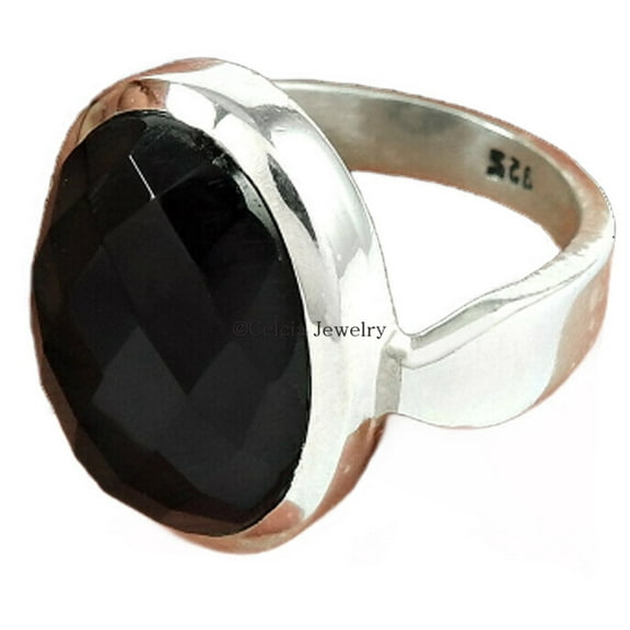 Natural Black Onyx Ring, Solid 925 Sterling Silver, Black Stone Checker Oval Ring, Unique Womens Gifts, Solitaire Ring, Wedding Ring, Promise Ring, Proposal Ring, Mothers Day Gifts Size 7