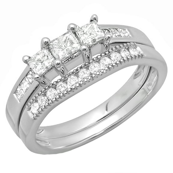Dazzlingrock Collection 0.80 Carat (ctw) 14k Princess & Round Diamond Ladies 3 Stone Engagement Bridal Ring Set Matching Band, White Gold, Size 6.5