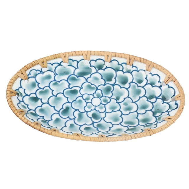 Woven Rattan Ceramic Storage Plate, Woven Rattan Ceramic Serving Tray Home Decoration Rustic Oval Functional For Party For Birthday For Dining Table Ink Blue Flowers