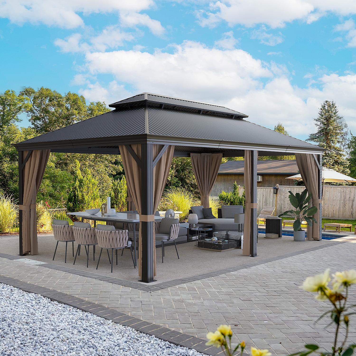 Vineego 12x20 Ft Hardtop Gazebo with Netting and Curtains Heavy Duty Double Roof Galvanized Steel Outdoor Combination for Patio,Backyard,Deck,Lawn