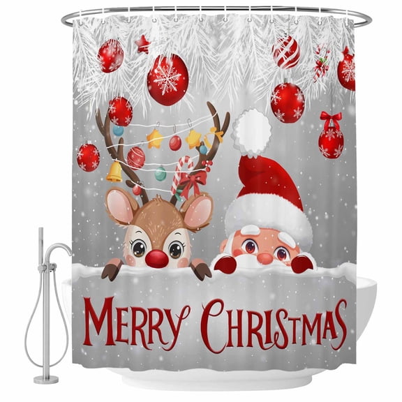 Christmas Shower Curtain Set - Small 36" x 72" Washable Bathtub Curtain with 12 Hooks, Cute Santa Claus Reindeer Red Xmas Balls Snowy Grey Waterproof Fabric Stall Shower Curtains for Bathroom Décor
