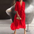 thumbnail image 5 of Women’s V Neck Midi Dress with Kimono Sleeves and Waist Tie Loose Fit Lightweight Flowy Casual Style for Daily Wear Red S, 5 of 6