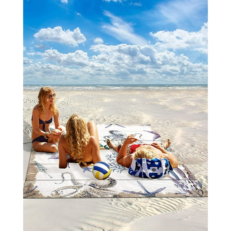 Beach Blanket Sea Starfish Octopus Wood Grain Beach Mat Sand Proof