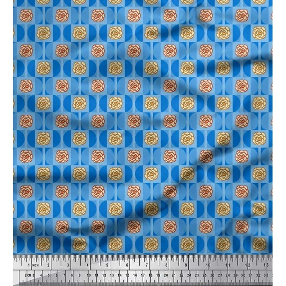 Soimoi Polyester Crepe Fabric Semi Circle & Camellia Floral Fabric Prints by Yard 42 Inch Wide