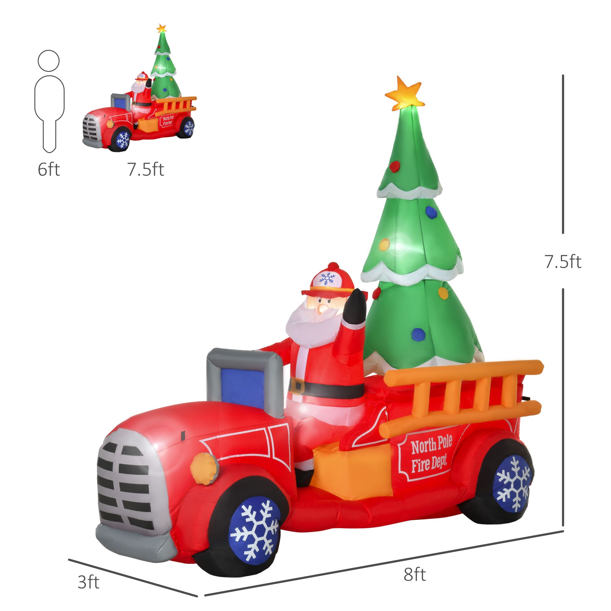 Christmas Inflatable Santa Claus Driving a Fire Truck with Tree, 7.5 ft Outdoor Blow-Up Yard Decoration with LED Lights