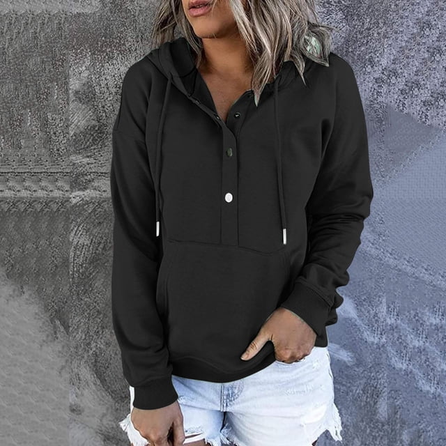 zanvin Hauts pour Femmes, Chandails à Capuchon Décontractés pour Femmes Automne Unis à Manches Longues Chandail en Molleton Boutonné à Cordon Chandail à Enfiler Haut Blouse avec Poche Chemise