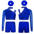 thumbnail image 3 of inlzdz Girls Ballet Jazz Hip Hop Modern Dance Outfits One Shoulder Crop Tops with Shorts Hairband Set Blue 12, 3 of 4