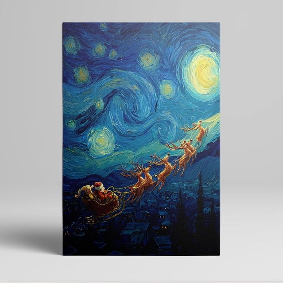 1pc Santa - Claus and Reindeer Flying Under Starry Night - inspired Canvas Wall Art, framed Decor room hanging Wall Picture Decor for Home Gifts, living room, bathroom, bedroom, kitchen wall art