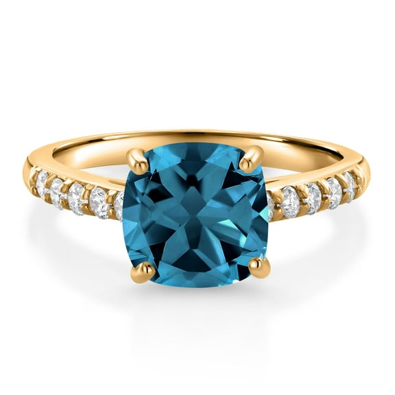 Gem Stone King 3.00 Ct Cushion London Blue Topaz G/H Lab Grown Diamond 10K Yellow Gold Engagement Ring (Size 8)