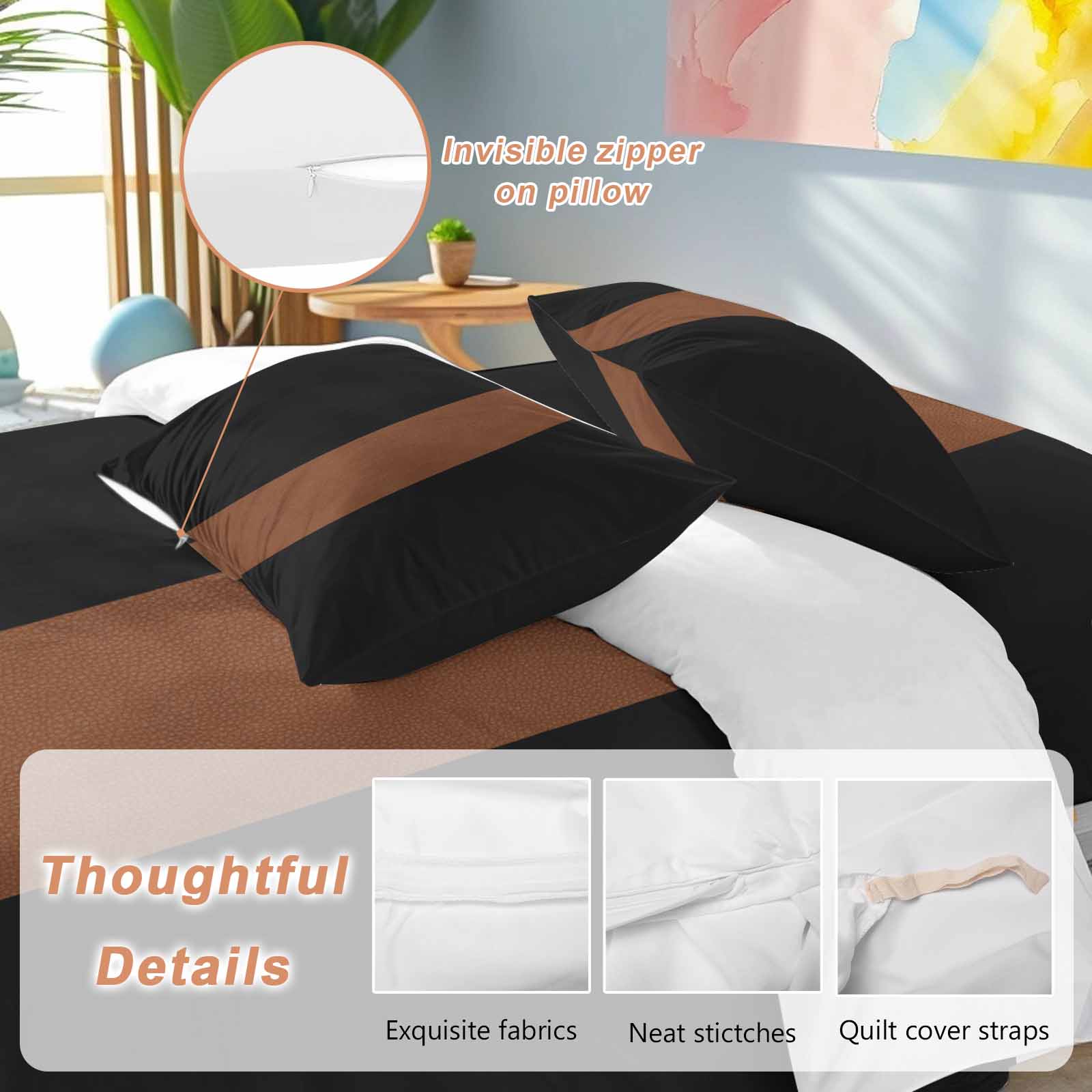 Boho Black Duvet Cover Set Queen Size and Brown Striped Tribal Farmhouse Style Soft Lightweight Comforter Covers 4 Piece Bedding Set with 1 Duvet Cover 1 Bed Sheet & 2 Pillow Shams