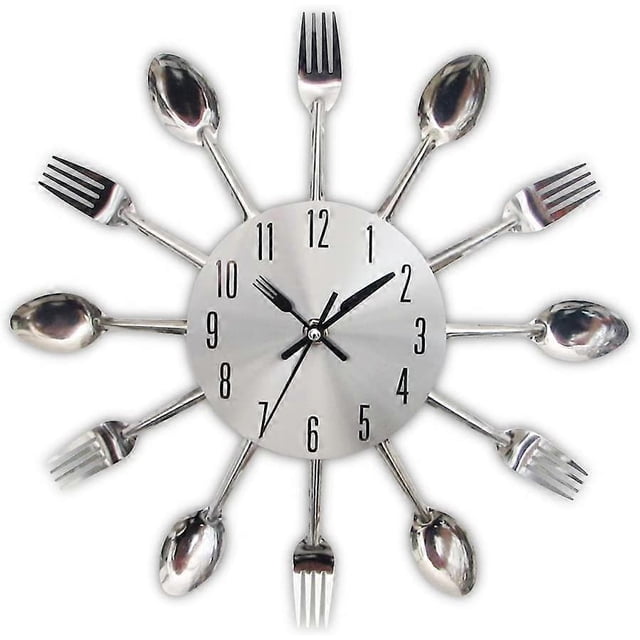 Mirror Effect Kitchen Clock with Spoon Fork Removable 3D Sticker for Home Decoration 32*32*4CM Metallic Silver
