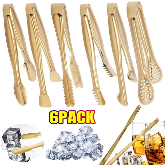 6 Pieces Gold Plated Mini Serving Tongs Set 6-Inch Appetizers Tongs Stainless Steel Small Sugar Cube Tongs Ice Tongs