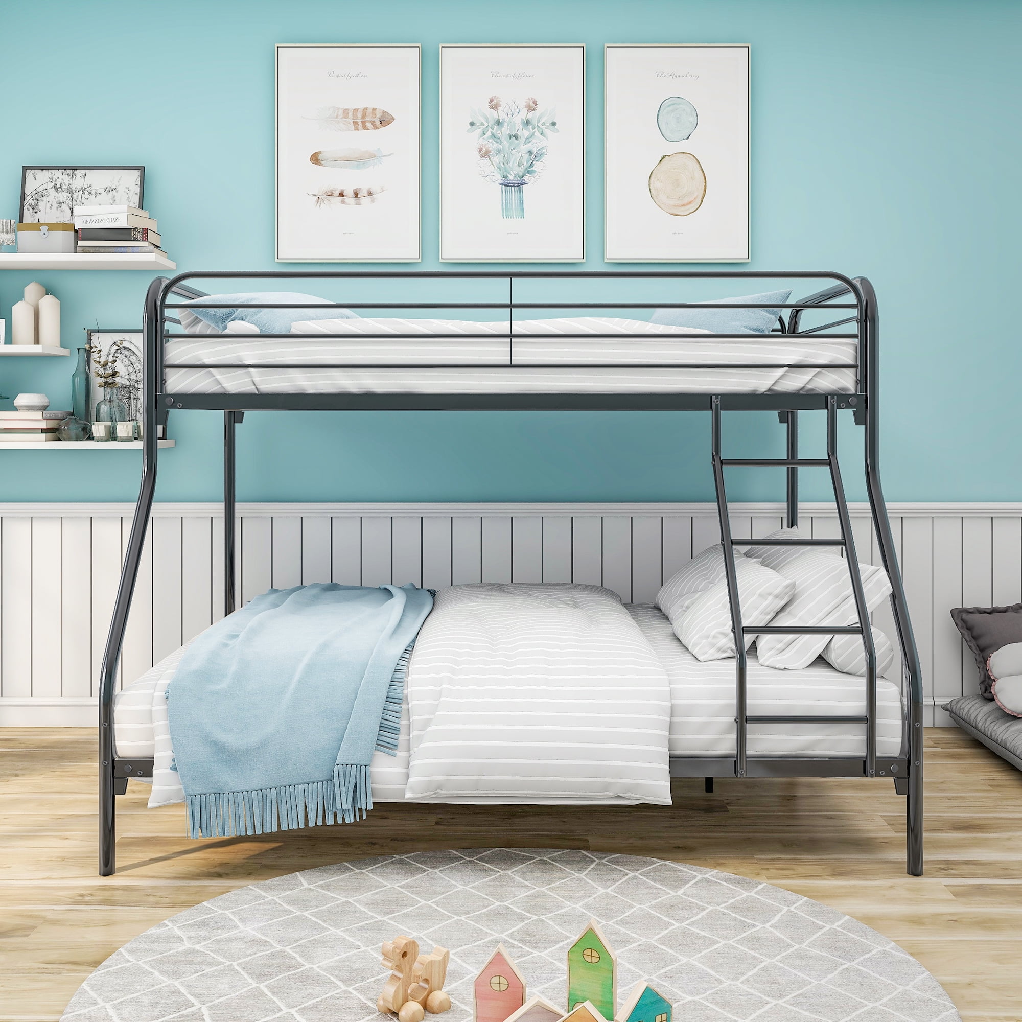 Heavy Duty Twin-Over-Full Metal Bunk Bed, Reinforced Steel Frame with Enhanced Upper-Level Guardrail & Inclined Ladder, Under Bed Storage, Easy Assembly with All Tools, Black