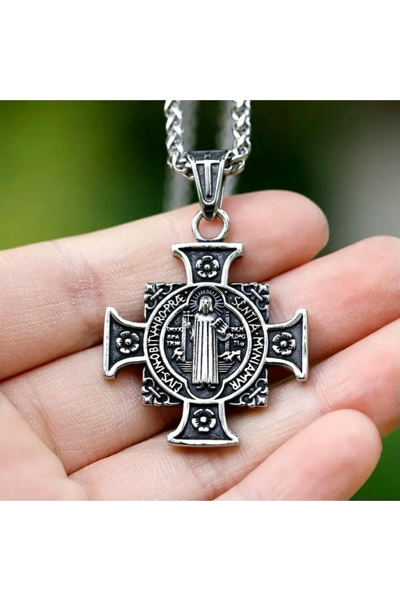 Sacred Cross Jesus Necklace Stainless Steel Pendant Vintage Religious Jewelry