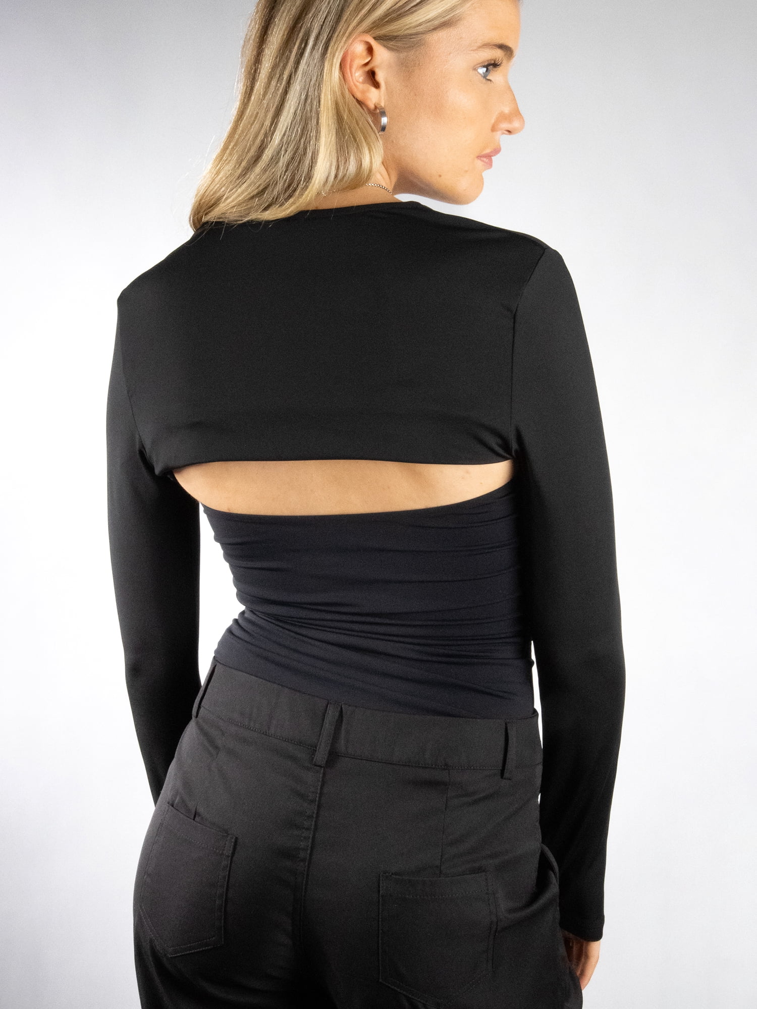 DARING DIVA Women's Stylish Long Sleeve Cropped Shrug with Thumb Hole L Black