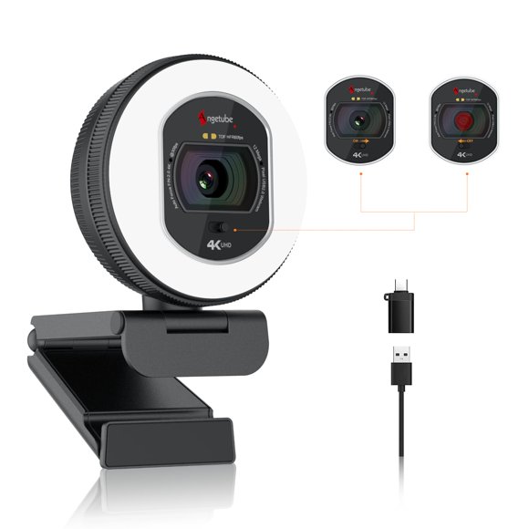 Angetube 4K Webcam with Light for PC: UHD 4K, TOF Auto Focus, Dual AI Noise-Cancelling Mics, 1080p@60FPS, USB Streaming Webcam w/Privacy Cover for Laptop/Mac/Desktop/PC