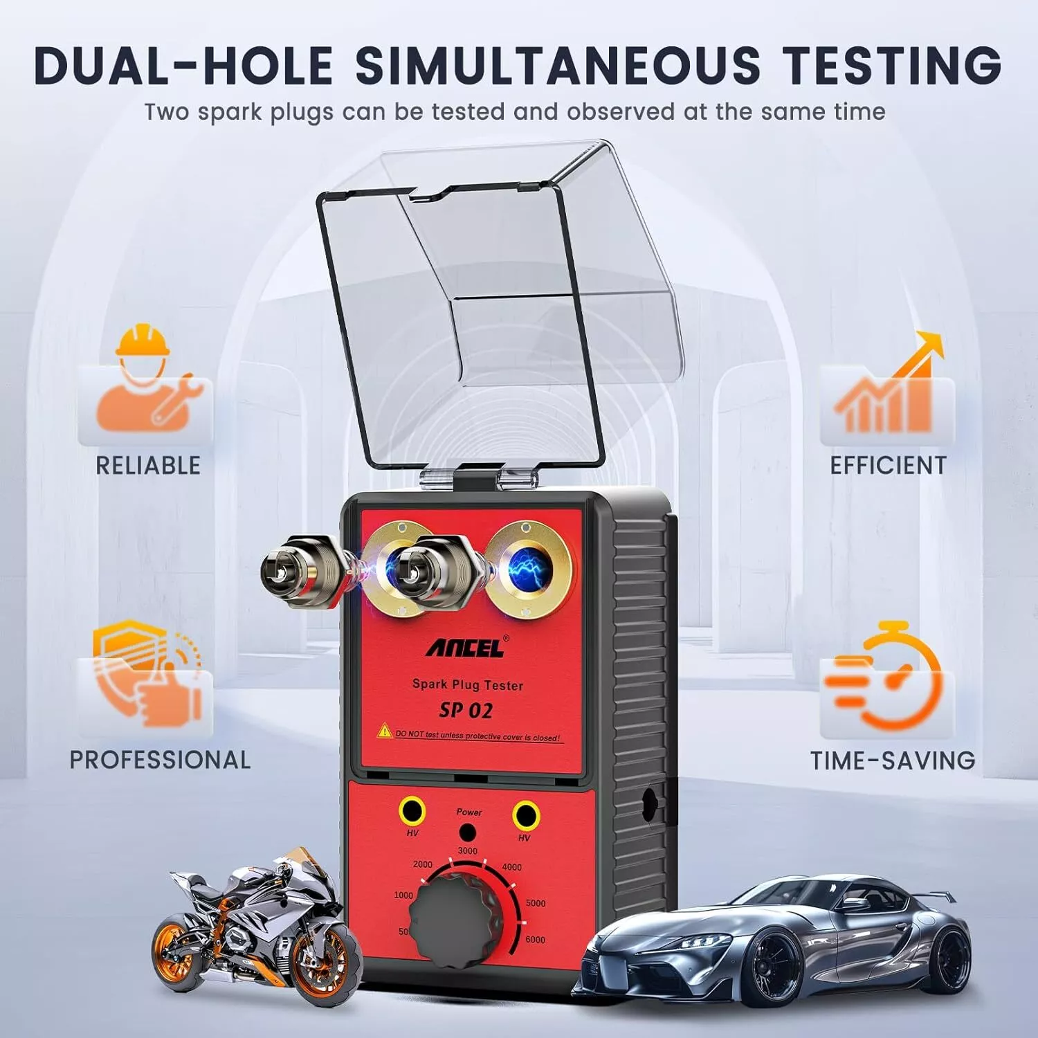 ANCEL Spark Plug Tester, Double Hole Testing Spark Plug Detector, 110V-240V 12V Car Ignition Analyzer Diagnostic Tool Test, Automotive Spark Plug Performance Ignition Intensity with Protective Cover