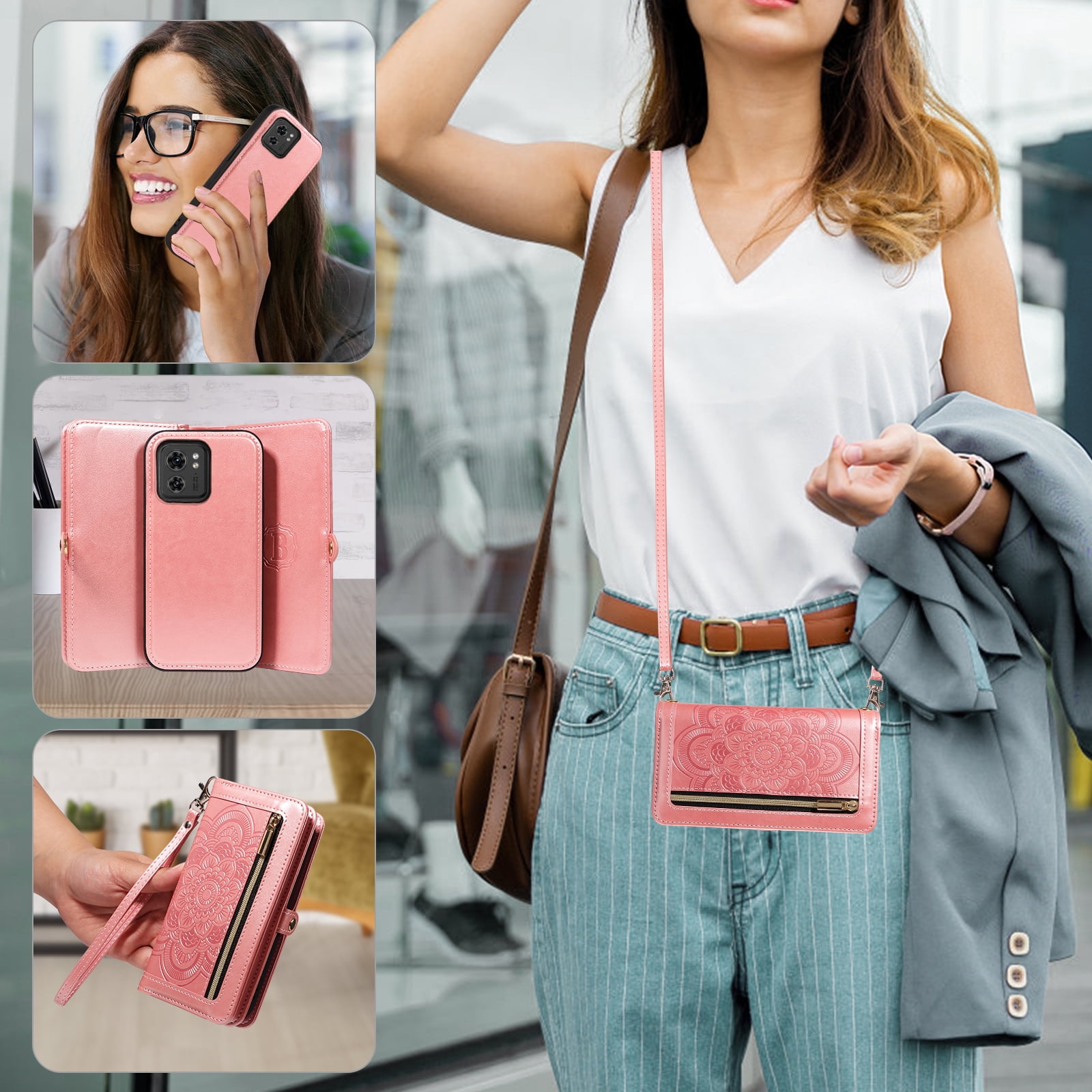 Asuwish Detachable Magnetic Zipper Wallet Phone Case with Flower Pattern and Screen Protector for Motorola Moto Edge 2023/Edge 40, Rose Gold
