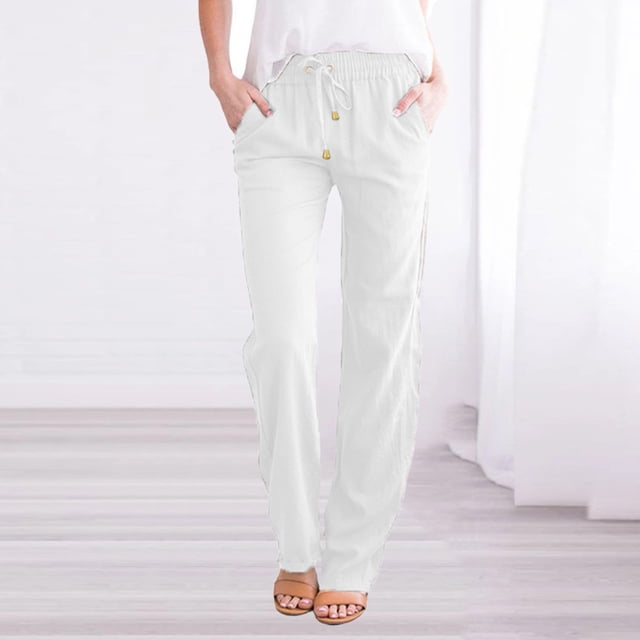 And Straight Solid Elastic Pants Long Drawstring Linen Women Waist Casual Pants Casual Pants for Women plus Size Petite plus Size Stretch Pants for Women Work Casual Casual Romper Pants for Women