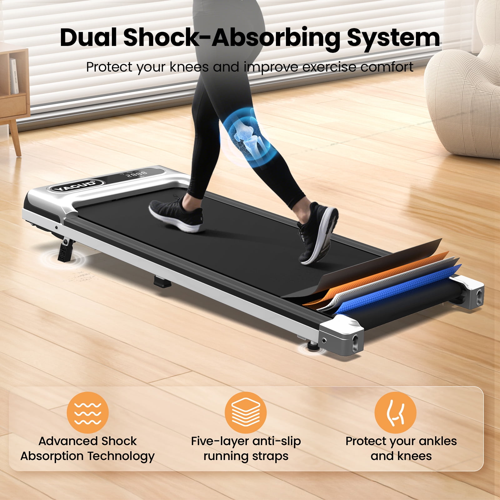 Yagud Walking Pad Under Desk Treadmill with 8°Incline and Wheels for Home and Office, 2.5 HP Portable Walking Jogging Running Machine with Remote Control and LED Display, Silver