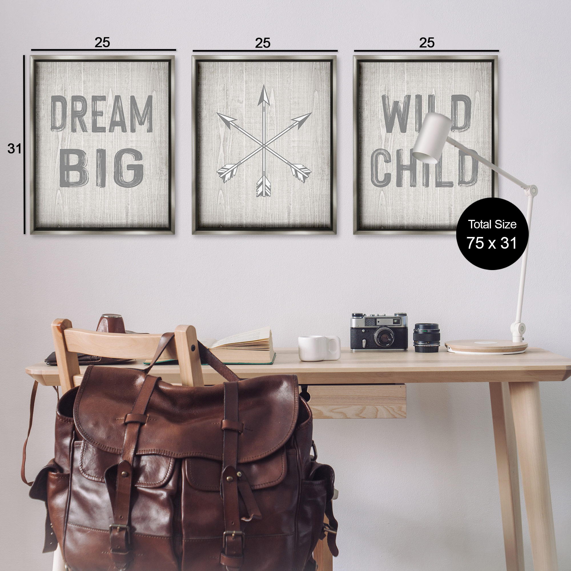 Stupell Industries Dream Big Boho Arrows Text & Numbers Painting Gray Floater Framed Canvas Art Print Wall Art, 25 x 31, Set of 3