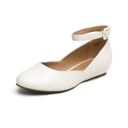 DREAM PAIRS Women s Low Wedge Ankle Strap Flats Comfort Slip-On Shoes with Memory Foam White/Pu Size 9