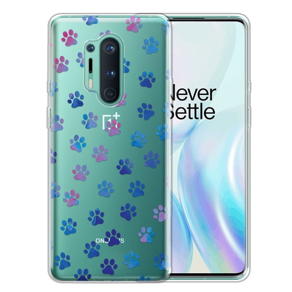 FINCIBO Soft TPU Clear Case Slim Protective Cover for OnePlus 8 Pro 6.8" 2020, Clear Blue Little Dog Paws