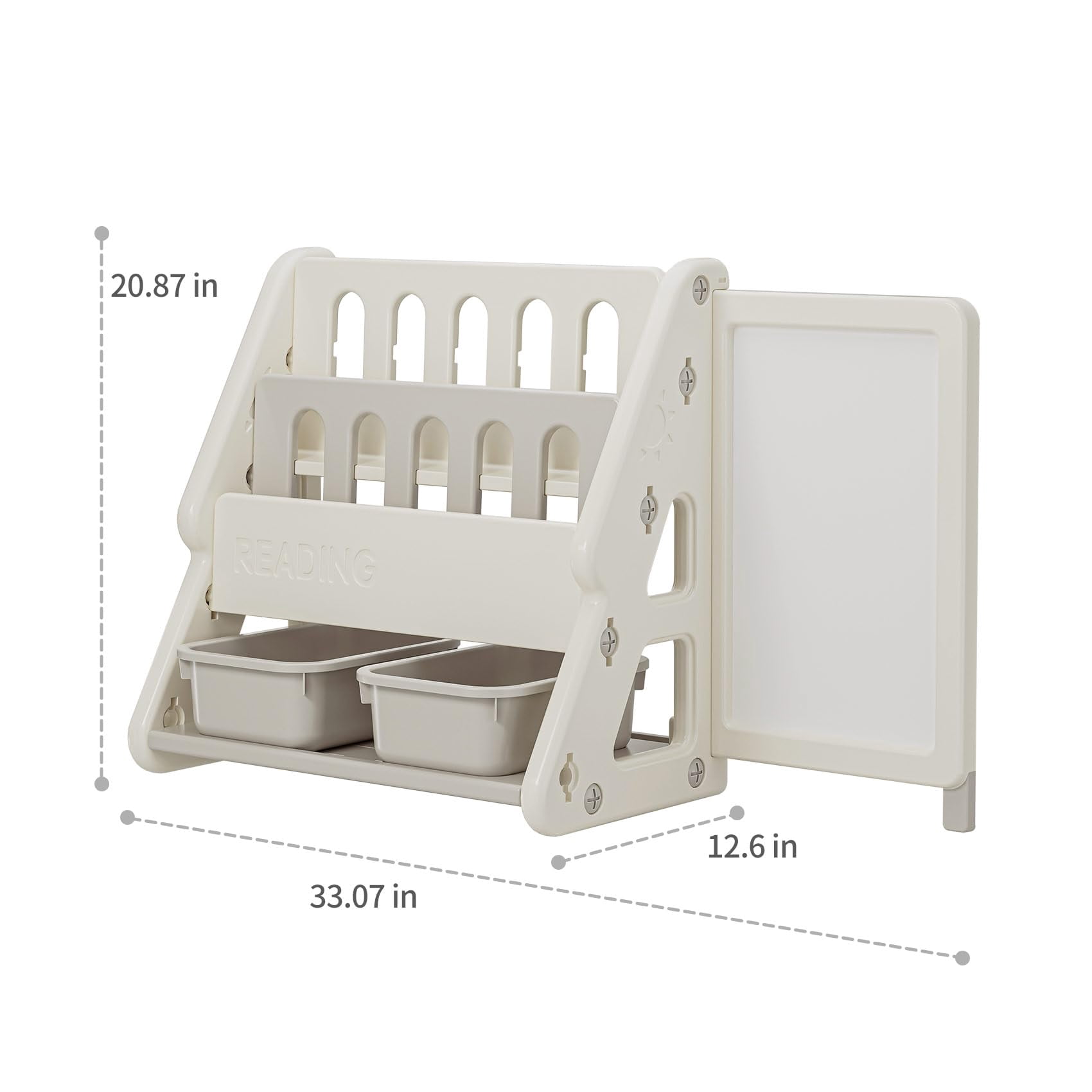 UNICOO® Toddler 3 in 1 Art Board Bookshelf and Organizer, 2-Tier Bookshelves with Storage Rack & Bins, Retractable Drawing Board, Lightweight & Compact for Nursery, Playroom(Grey & White)
