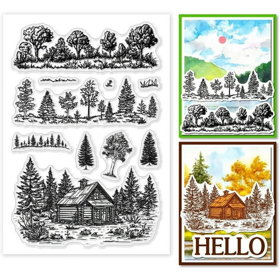 Tree Background Clear Stamps for Card Making Forest Cabin Silicone Stamp Plants Transparent Craft Seal Stamp Rubber Stamp for DIY Scrap Booking Crafting Album Journal Decor Card Making Plastic