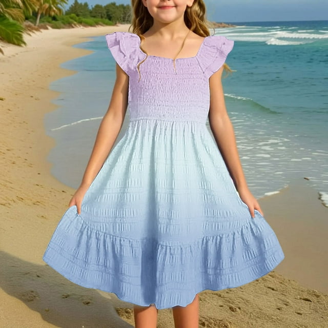 Robes Filles Dégradé Robes d'Été Mignonnes à Double Couche Manches à Volants Robe Smockée Fluide pour Activités Extérieures Décontractées Quotidiennes