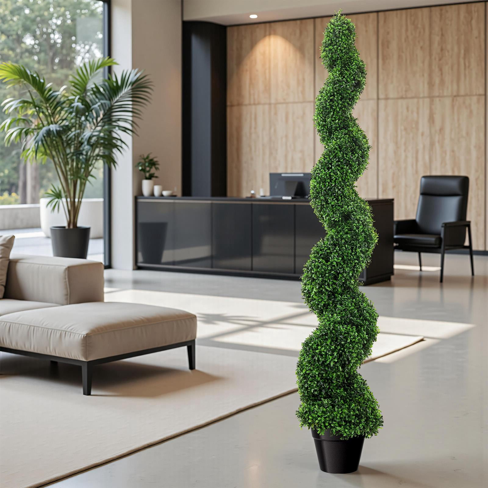 Fake Potted Boxwood Spiral Tree, 5ft, Artificial Outdoor Plant, Easy Installation, Maintenance-Free, Anti-rust Frame, All-Year Green for Wedding Venues, Events