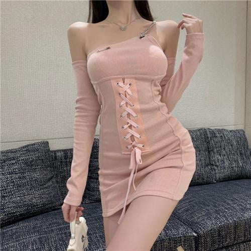 Women Long Sleeve Tight Dresses, Off Shoulder Single Chain