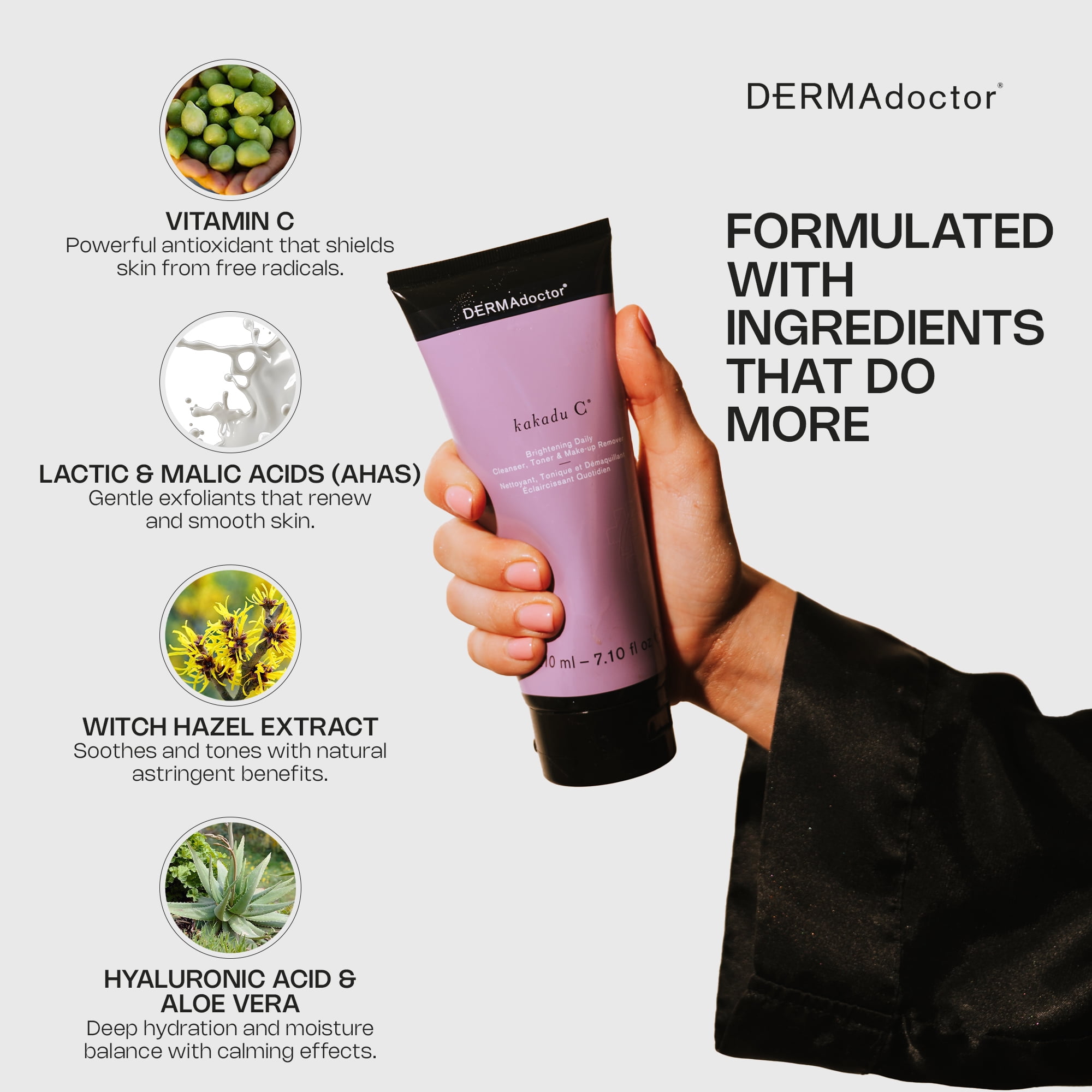 DERMAdoctor Kakadu C Brightening Daily Cleanser & Toner | 2-in-1 Makeup Remover, Vitamin C, Hydrating, 7.10 oz