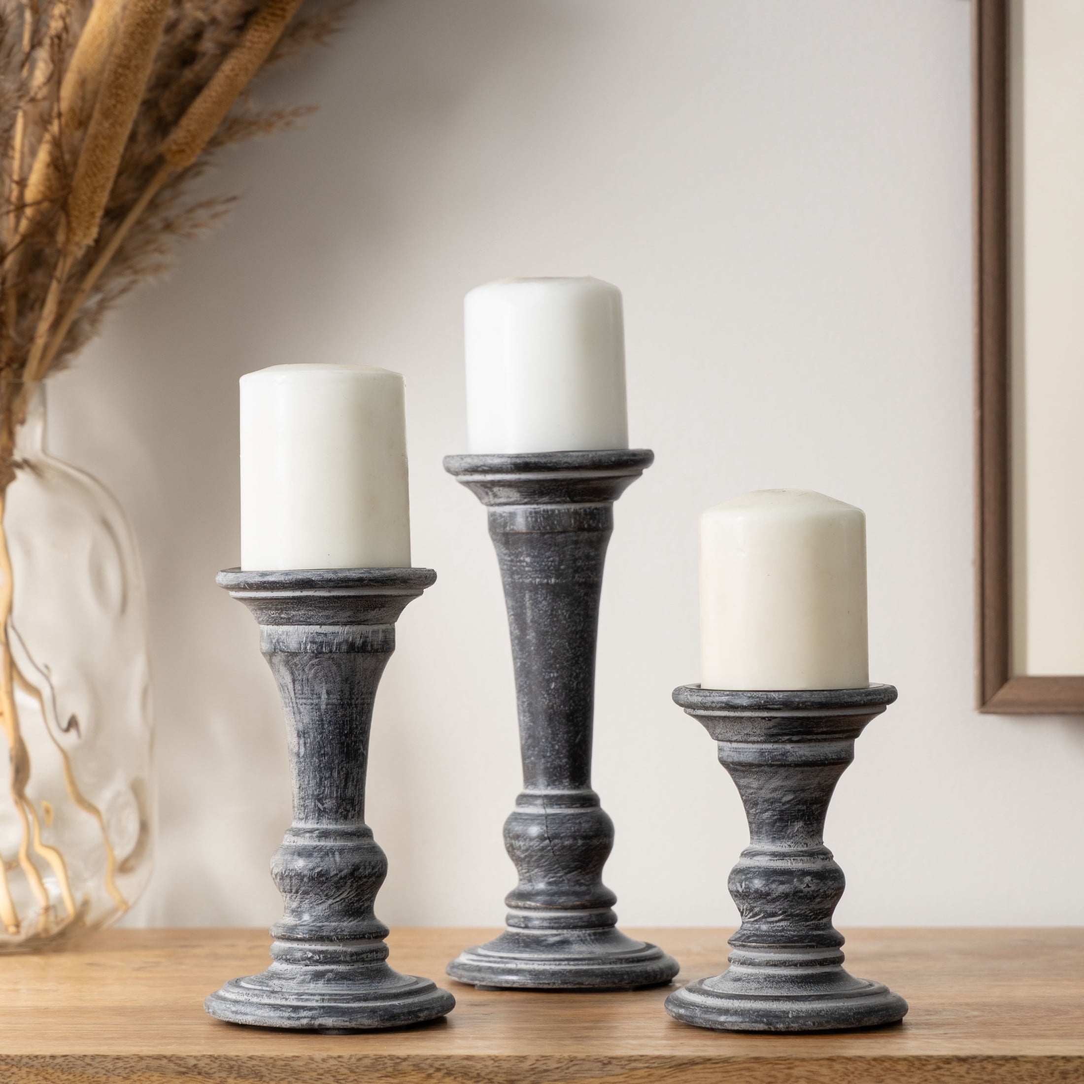 DecMode 3 Candle Black Mango Wood Whitewashed Turned Candle Holder, Set of 3